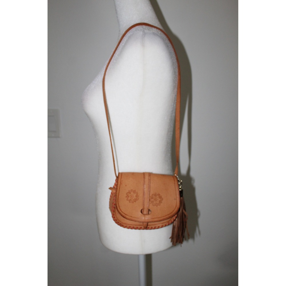 Kids Tan Tooled Leather Floral Crossbody Saddle Bag with Tassel and Whipstitch
